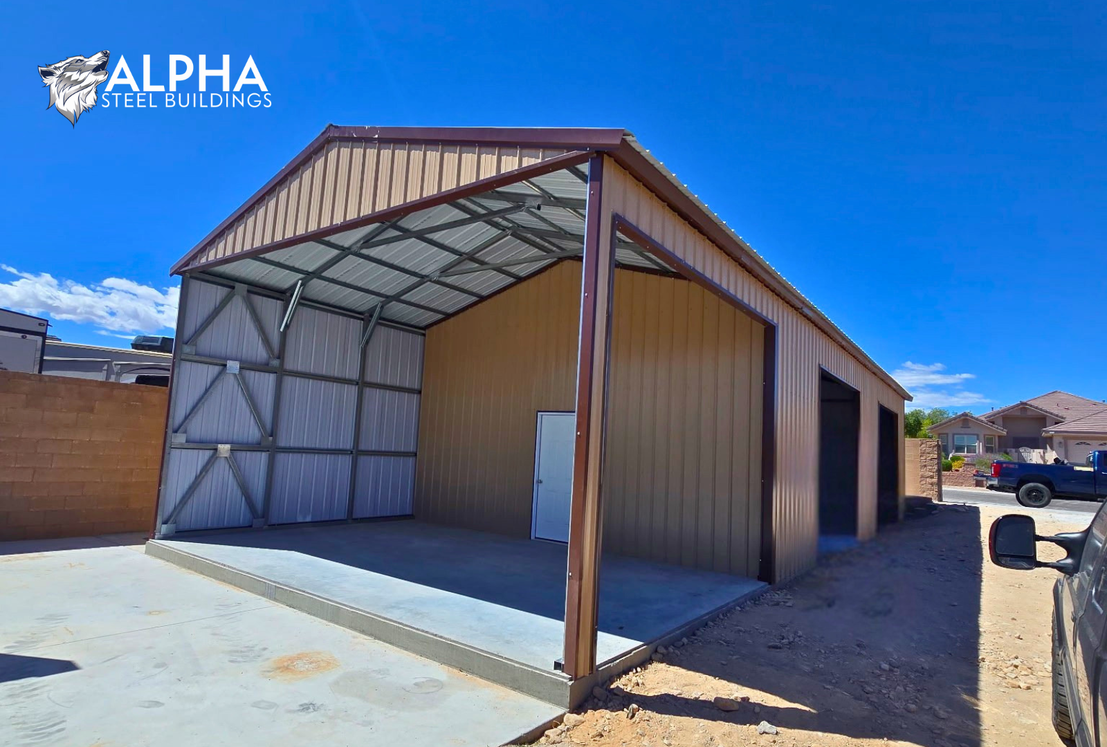 Front right angled view of 22x60x12 A-frame utility building with vertical roof showing multiple side wall frame-out openings and walk-in door.