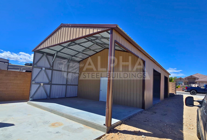 Front right angled view of 22x60x12 A-frame utility building with vertical roof showing multiple side wall frame-out openings and walk-in door.