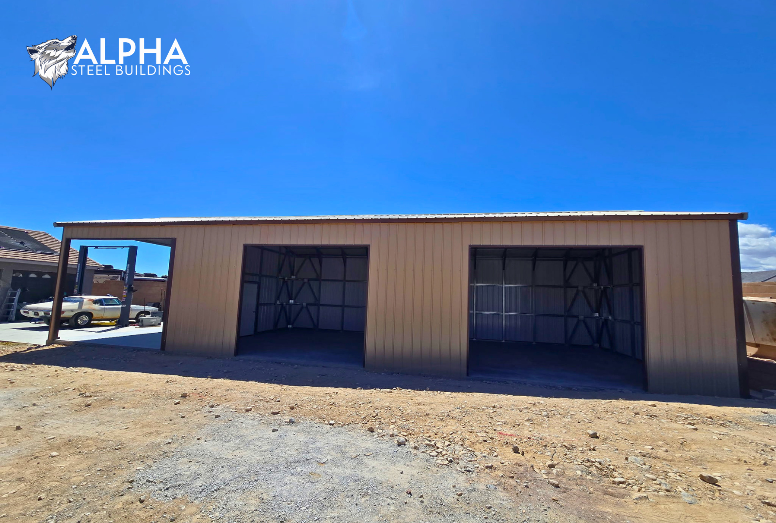 Right angled view of 22x60x12 A-frame utility building with vertical siding, enclosed walls, and multiple framed openings