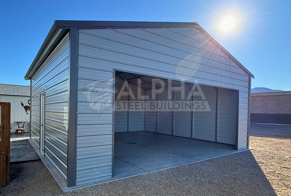 24'x25'x10' A-frame vertical roof steel garage shown from the front left angle with large overhead door frame-out.