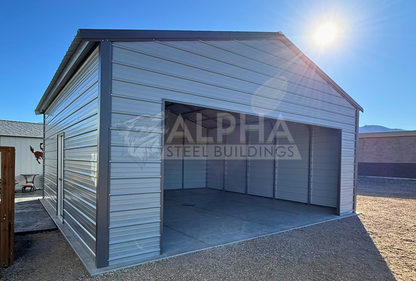 24'x25'x10' A-frame vertical roof steel garage shown from the front left angle with large overhead door frame-out.