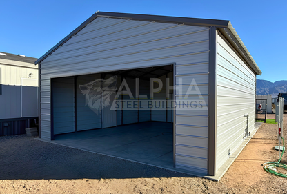 24'x25'x10' A-frame vertical roof steel garage shown from the front right angle with enclosed horizontal side panels.