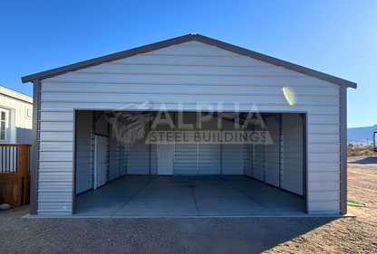 24'x25'x10' A-frame vertical roof steel garage front view with 17'10" wide overhead door frame-out.