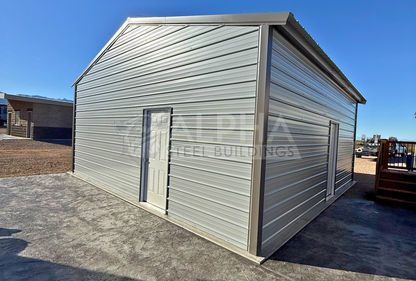 24'x25'x10' A-frame vertical roof steel garage rear left angle showing horizontal wall panels and walk-in door.