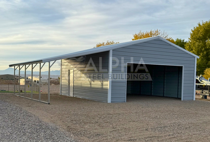 24'x25'x10' vertical roof steel garage with 12'x25' lean-to shown from the front-left angle with overhead door frame-out and walk-in door.
