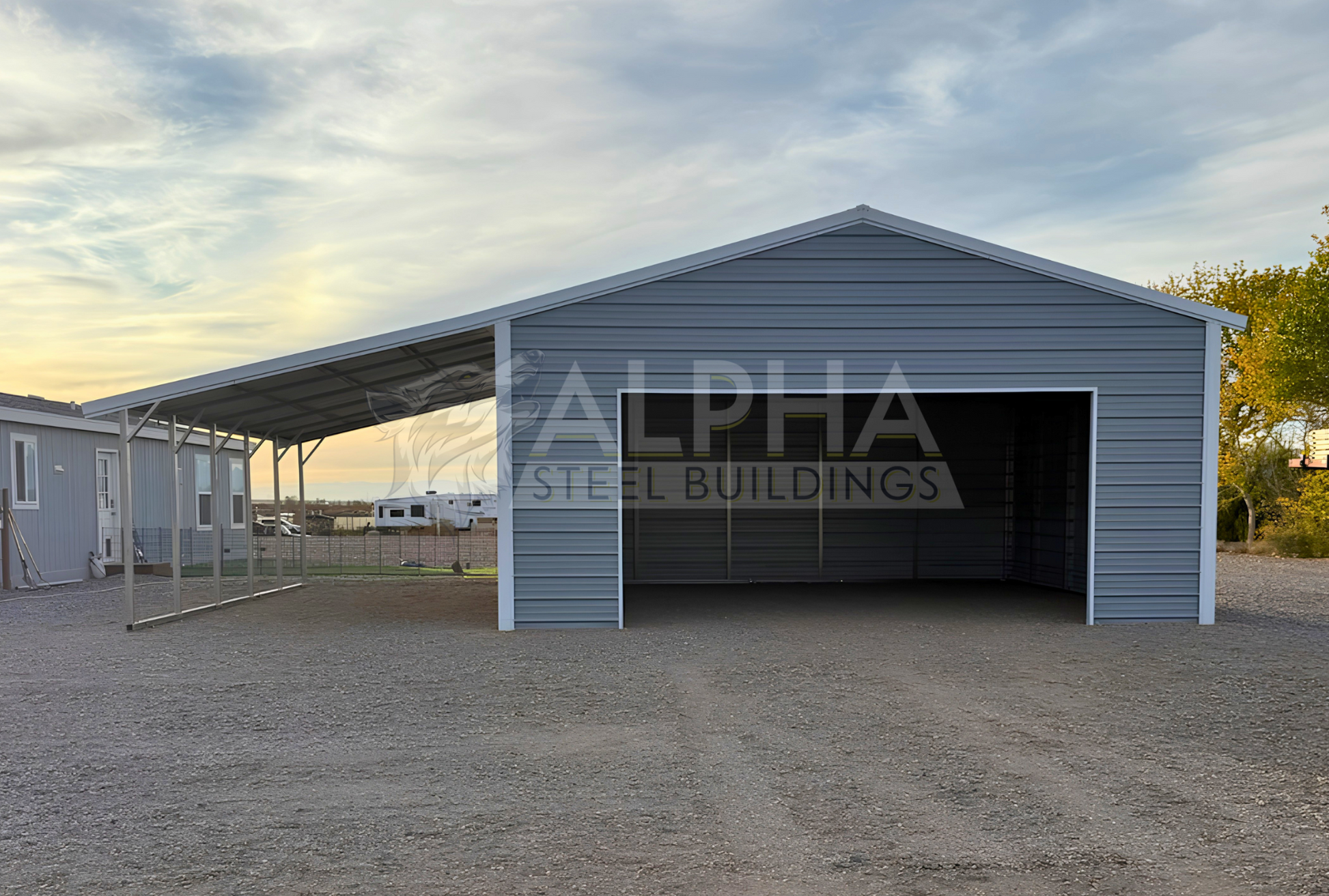 24'x25'x10' vertical roof steel garage with 12'x25' lean-to, enclosed horizontal panels, and 15'11"x7'11" overhead door frame-out.