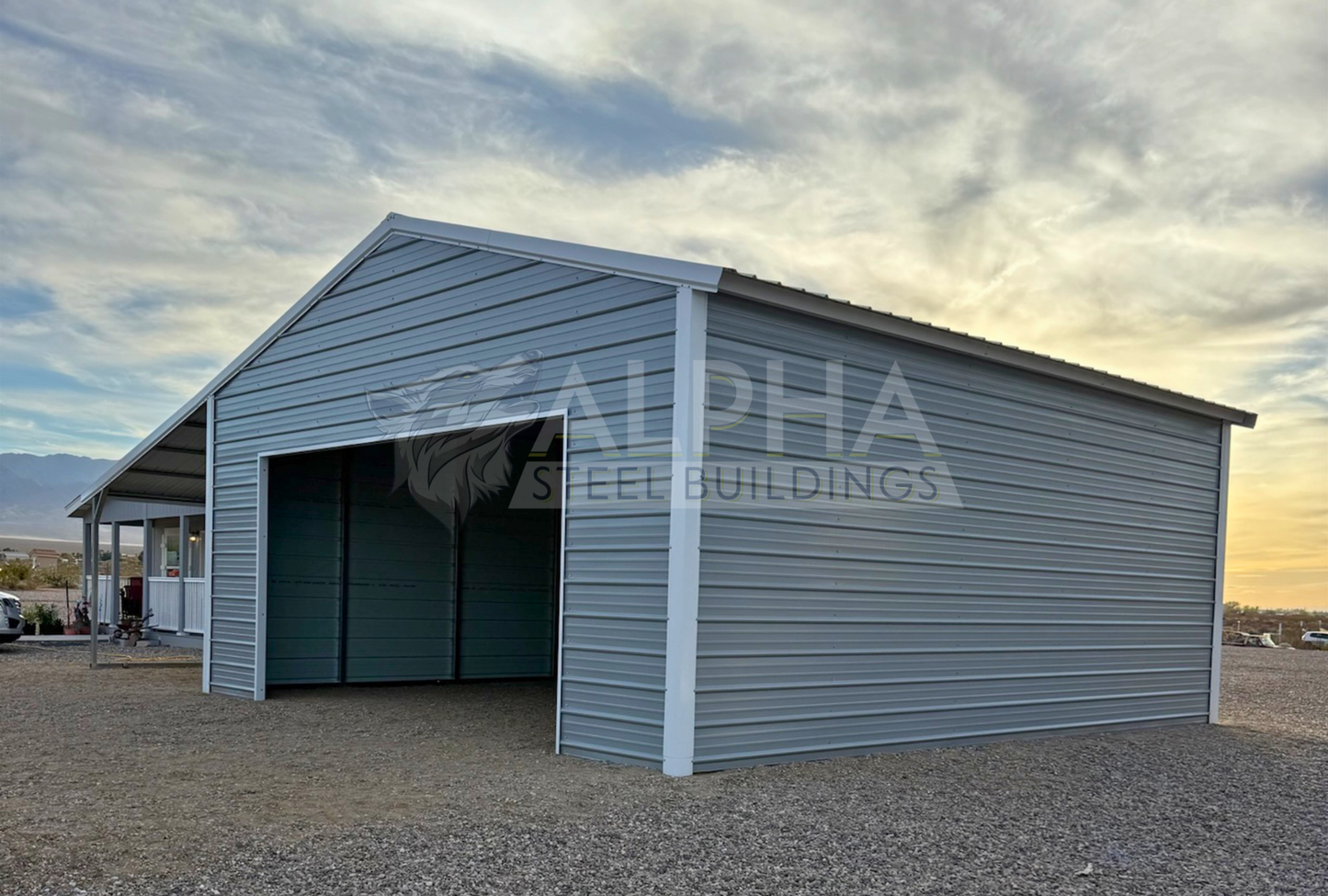 24'x25'x10' vertical roof steel garage shown from the rear-right angle with horizontal wall panels and attached 12'x25' lean-to.