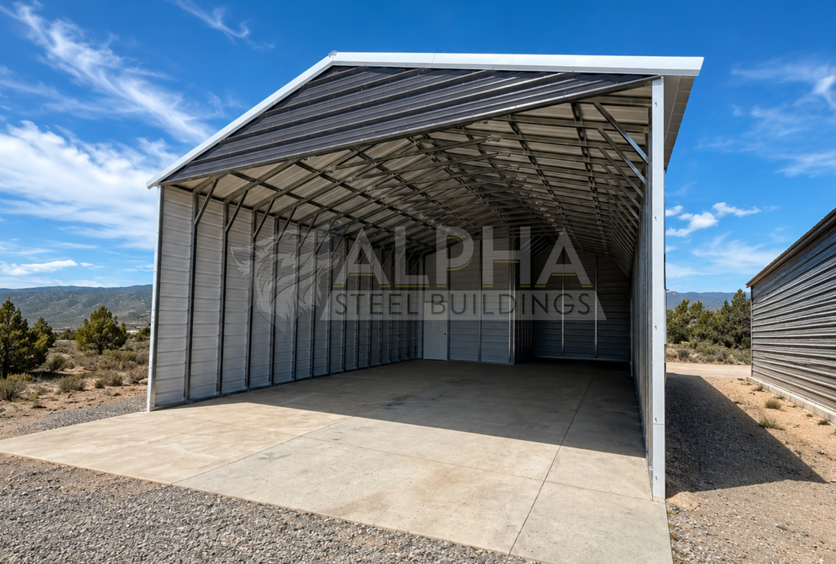 24'x30'x12' vertical roof steel utility building with enclosed sides, front gable end, walk-in door, and attached lean-to viewed from the front interior.