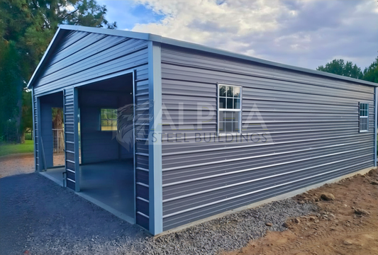 Front right angled view of 24'x30'x9' A-frame horizontal roof garage, fully enclosed, featuring five windows, one walk-in door frame out, two overhead door frame outs on front end