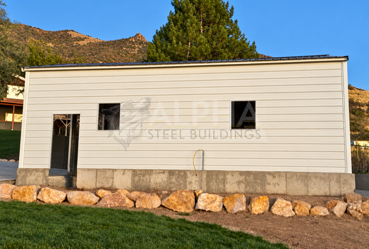 Side view of a 24x35x11 vertical roof steel garage with horizontal panels, one walk-in door frame-out, and two window frame-outs.