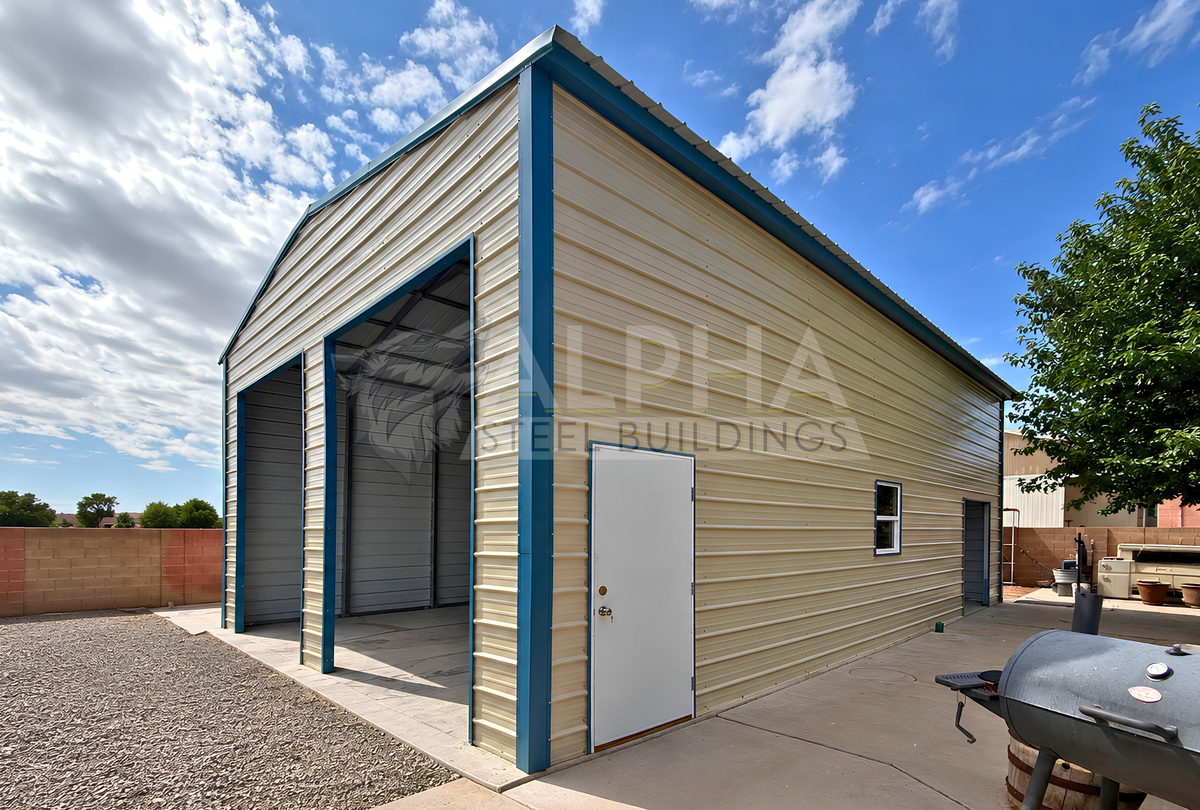 24'x35'x14' A-frame steel garage front-right angled view with vertical roof, horizontal wall panels, two overhead door openings, walk-in door, and window.
