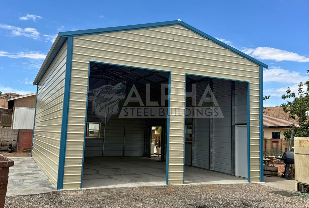 24'x35'x14' A-frame steel garage front view with vertical roof, horizontal wall panels, two overhead door openings, and walk-in door.