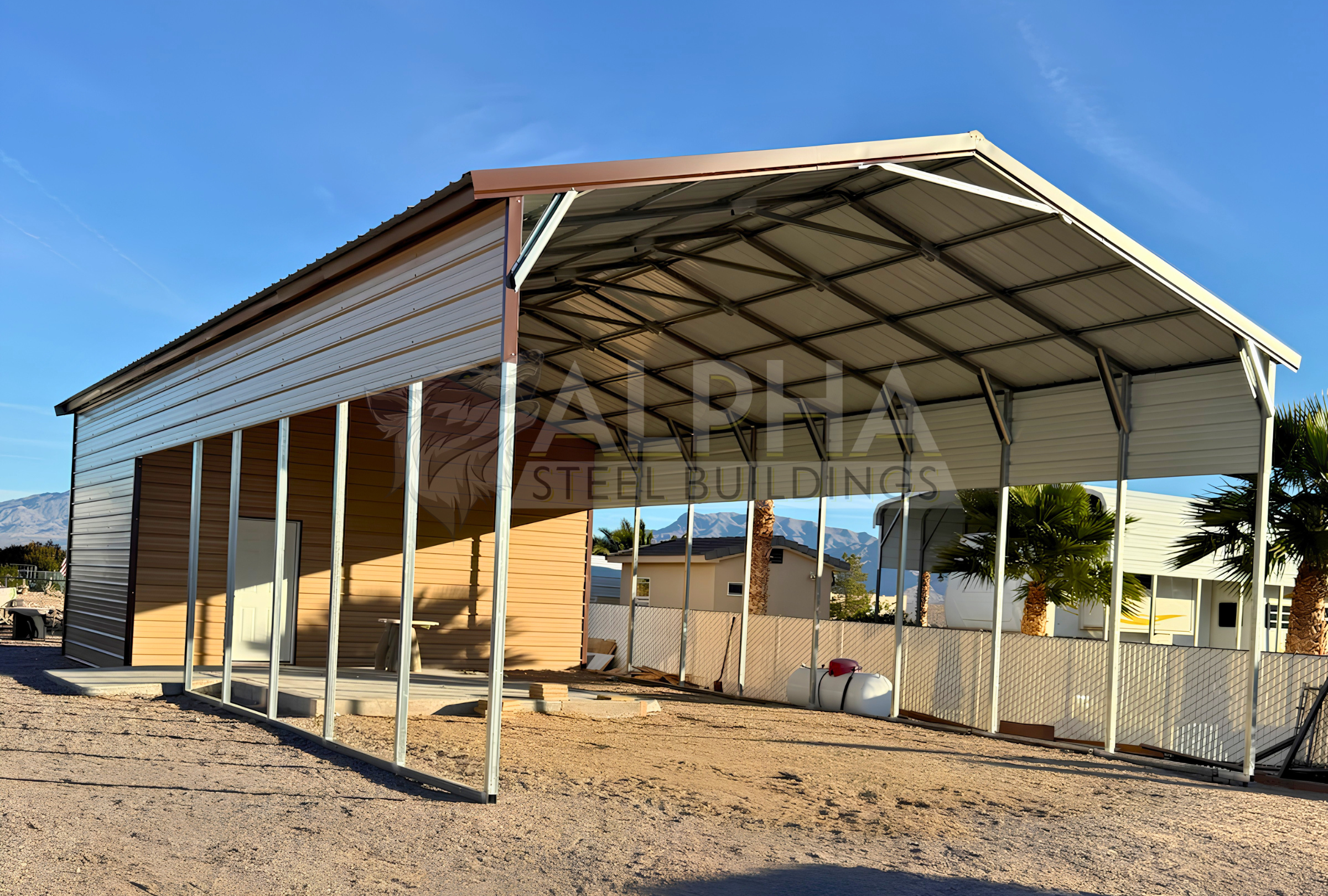 24x50 A-frame steel building with vertical roof and 12-foot height shown from the front left angle, featuring closed sides, closed front, two walk-in doors, and a 40PSF snow load rating