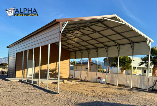 24x50 A-frame steel building with vertical roof and 12-foot height shown from the front left angle, featuring closed sides, closed front, two walk-in doors, and a 40PSF snow load rating