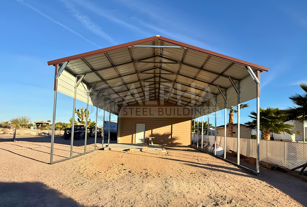 Front view of 24x50 A-frame metal building with vertical roof, 12-foot height, closed front, two 36x80 walk-in doors, and 14-gauge steel frame built for 40PSF ground snow load