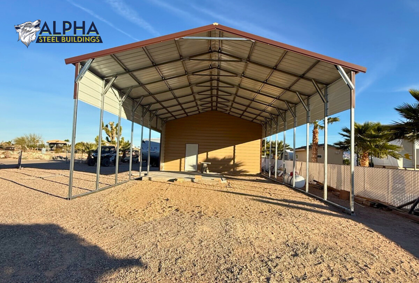 Front view of 24x50 A-frame metal building with vertical roof, 12-foot height, closed front, two 36x80 walk-in doors, and 14-gauge steel frame built for 40PSF ground snow load