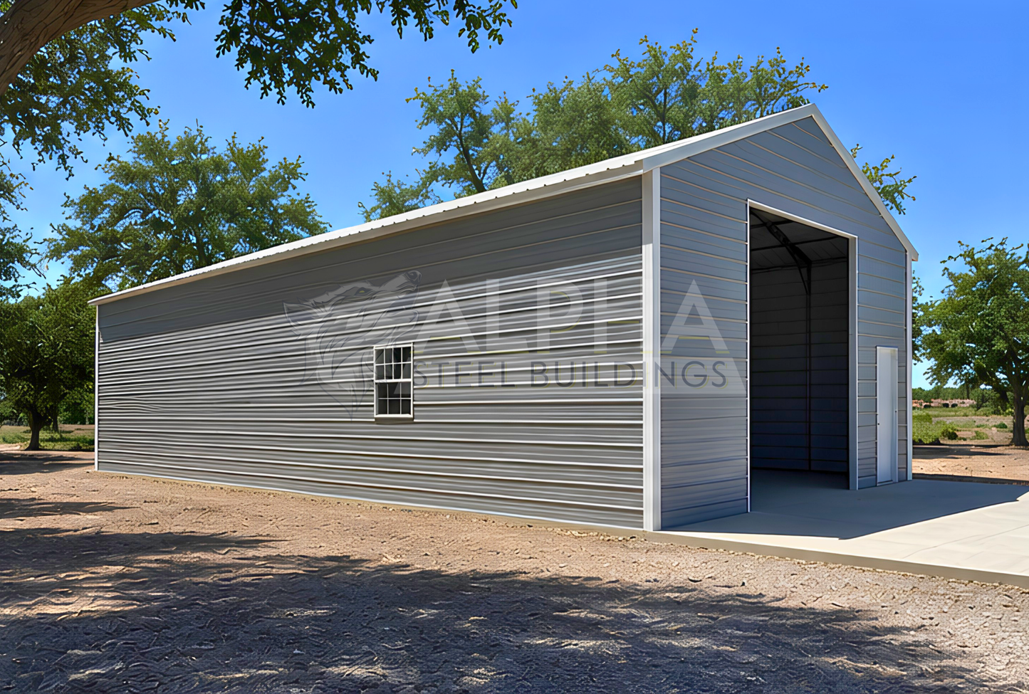 26x60x12 A-frame steel building with vertical roof, 12x12 overhead door frame-out, walk-in door and window, front left side view