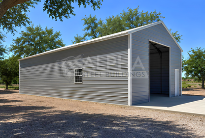 26x60x12 A-frame steel building with vertical roof, 12x12 overhead door frame-out, walk-in door and window, front left side view