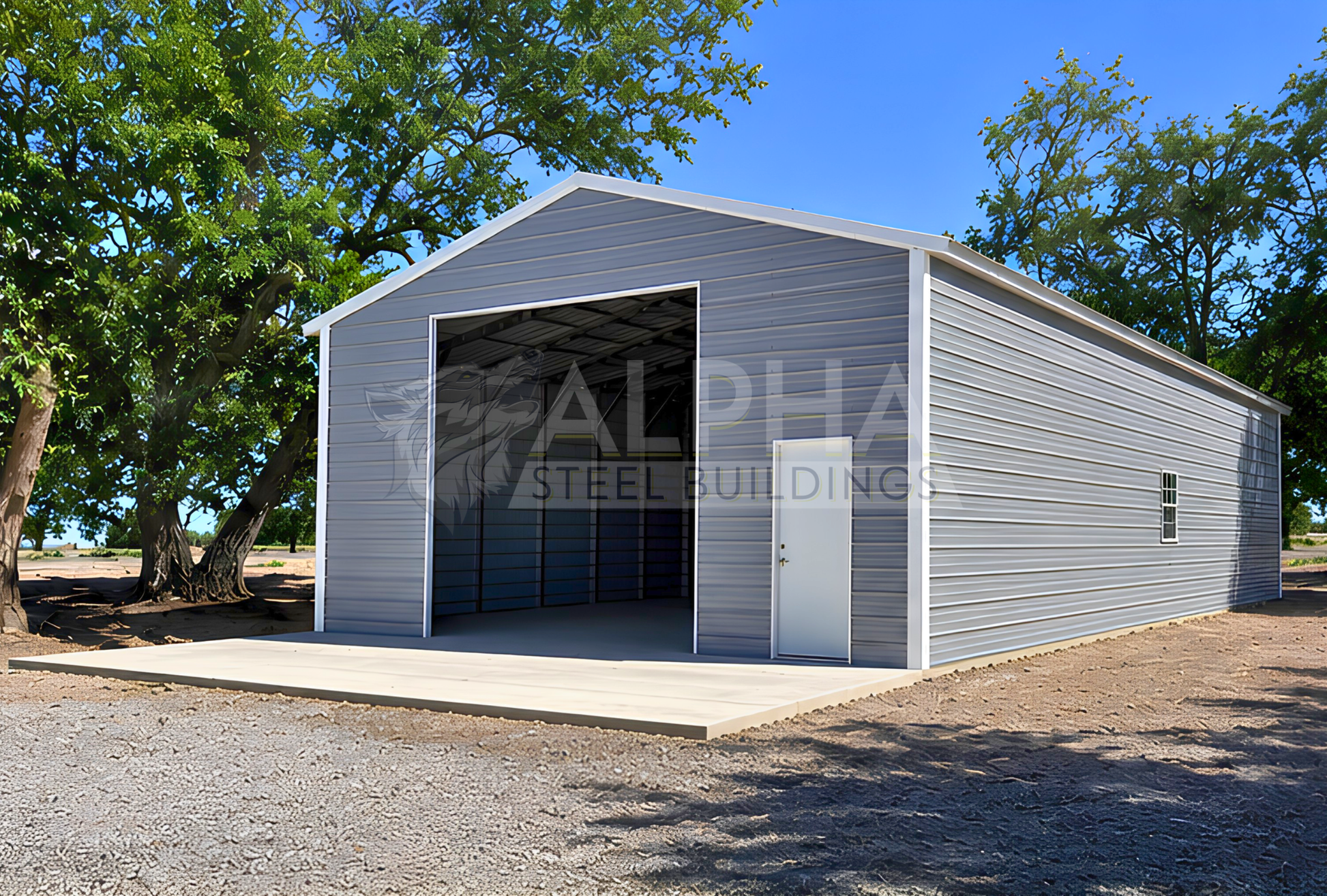 26x60x12 A-frame steel building with vertical roof, 12x12 overhead door frame-out, walk-in door and windows, front right angled view