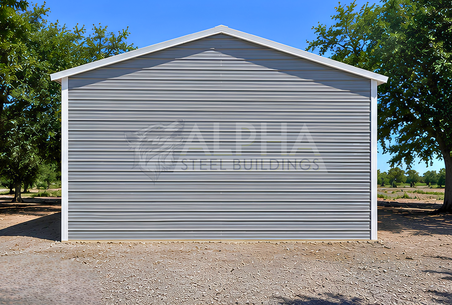 26x60x12 A-frame steel building with vertical roof and fully enclosed horizontal-panel end, rear view