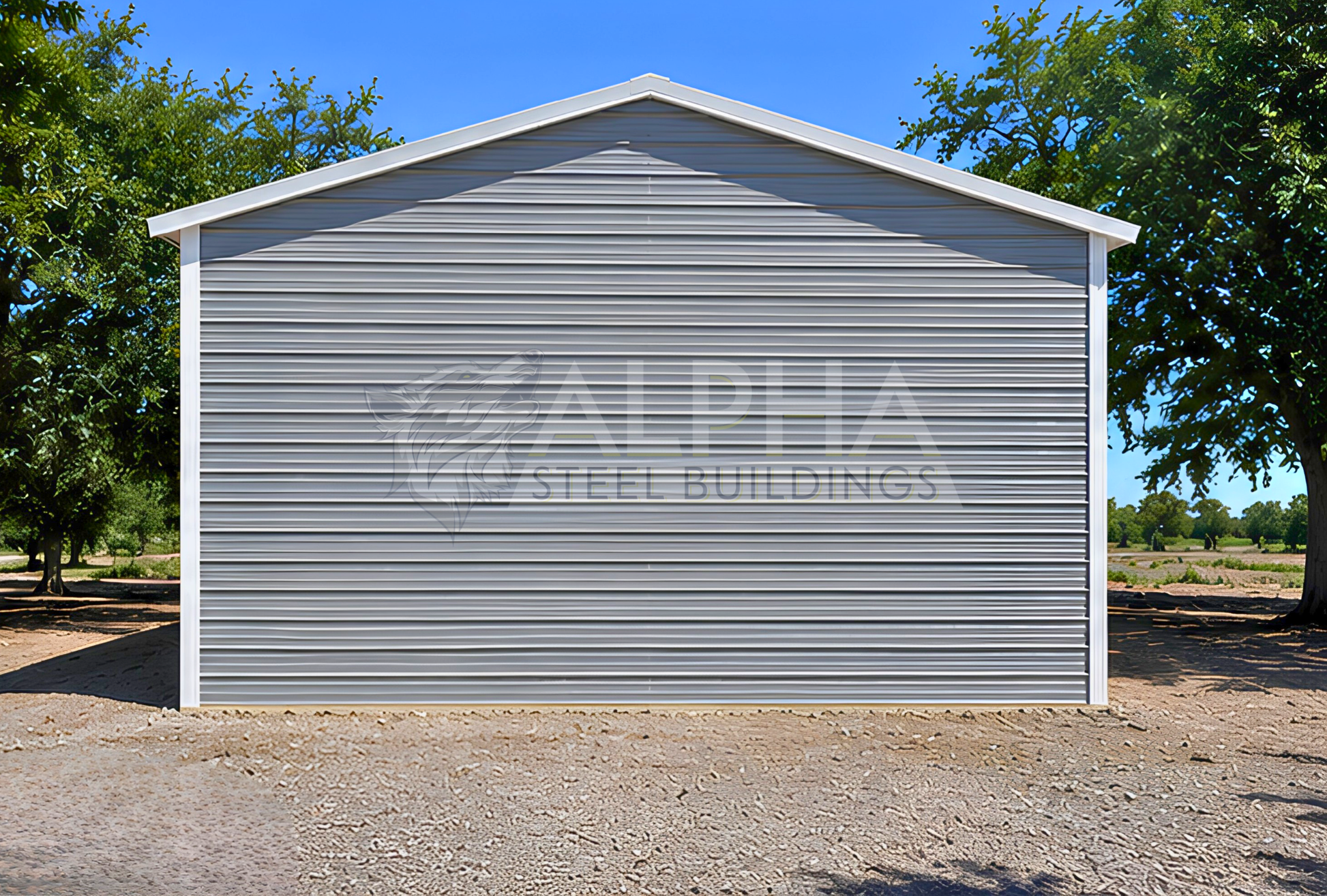 26x60x12 A-frame steel building with vertical roof and fully enclosed horizontal-panel end, rear view