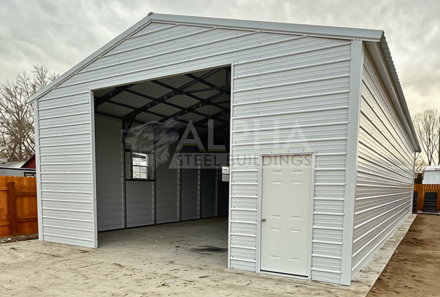 26x60x12 vertical roof steel garage front right side view with 12x12 overhead door frame-out and walk-in door