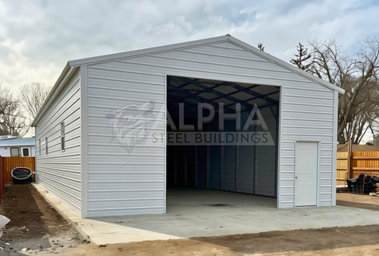 26x60x12 vertical roof steel garage front side view with 12x12 overhead door frame-out, walk-in door, and windows