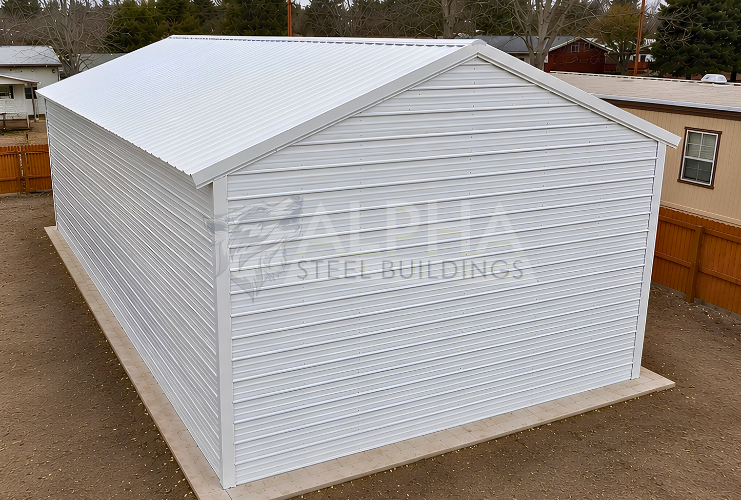 26x60x12 vertical roof steel garage rear view with fully enclosed horizontal panel walls