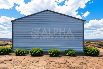 Back view of 30'x30'x12' A-Frame Vertical Roof - fully enclosed steel garage, optimal for weather protection