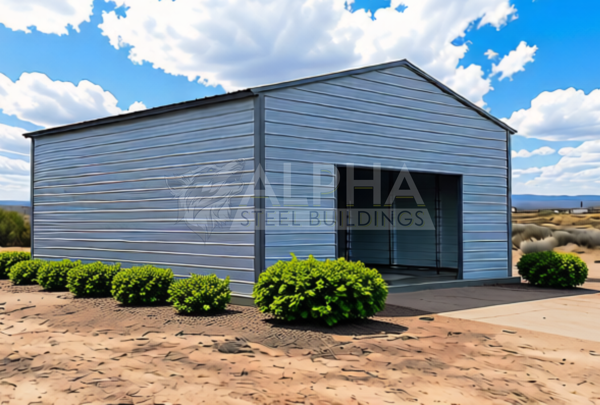 Front left angle view of 30'x30'x12' A-Frame Vertical Roof - fully enclosed steel garage, optimal for weather protection