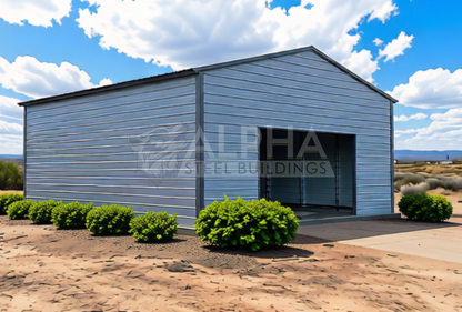 Front left angle view of 30'x30'x12' A-Frame Vertical Roof - fully enclosed steel garage, optimal for weather protection
