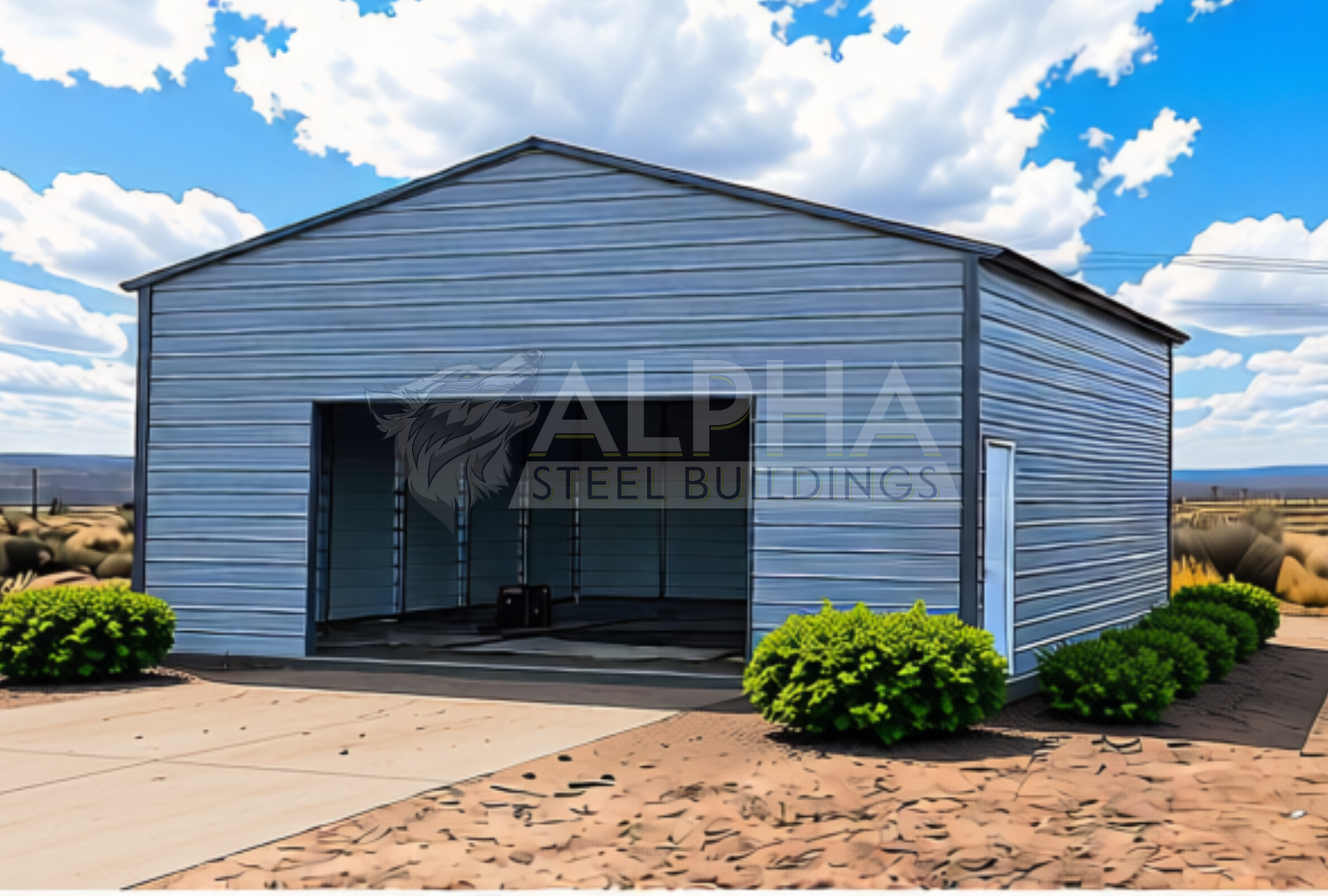 Front right angle view of 30'x30'x12' A-Frame Vertical Roof - fully enclosed steel garage, optimal for weather protection