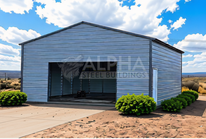 Front right angle view of 30'x30'x12' A-Frame Vertical Roof - fully enclosed steel garage, optimal for weather protection