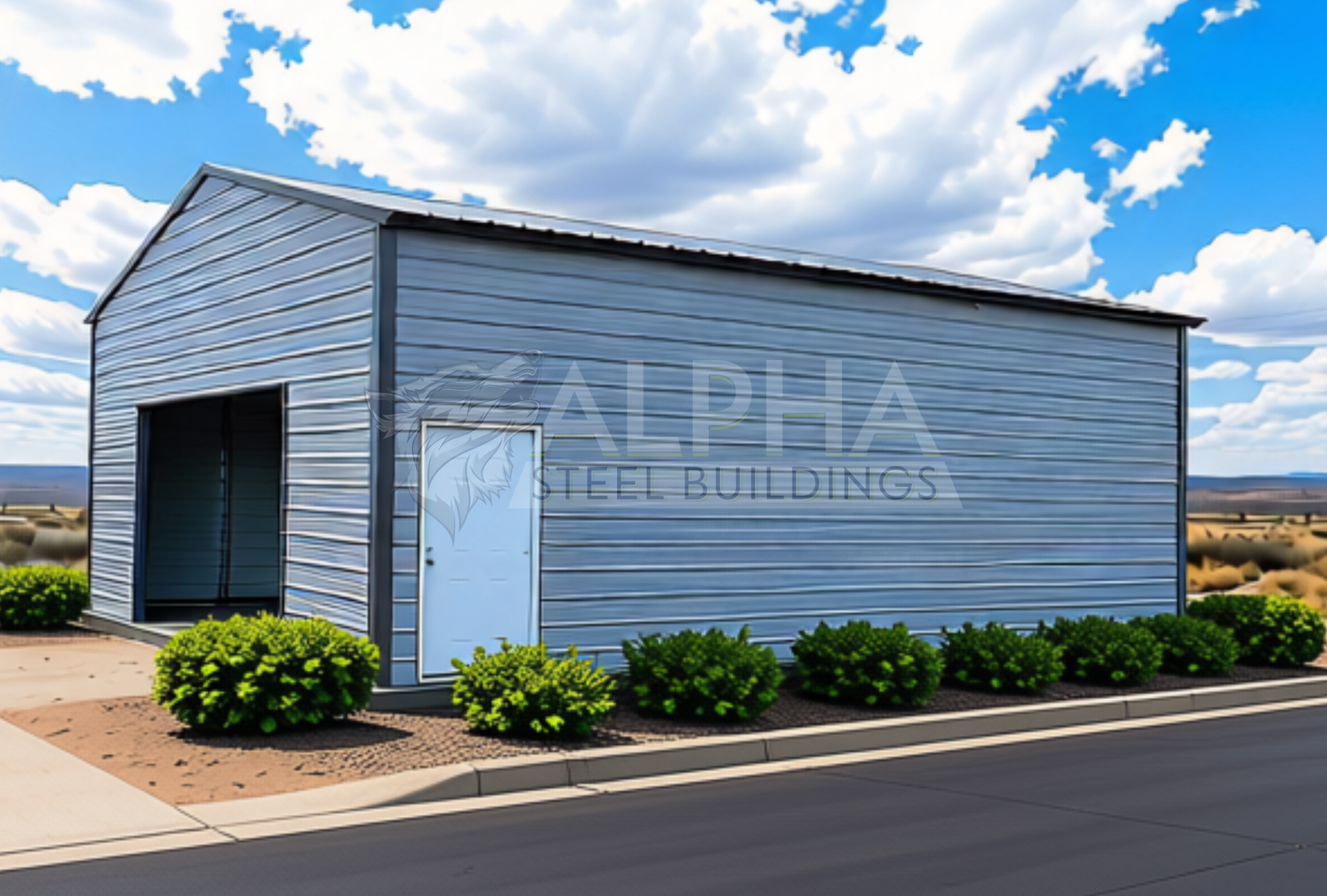 Right angle view of 30'x30'x12' A-Frame Vertical Roof - fully enclosed steel garage, optimal for weather protection