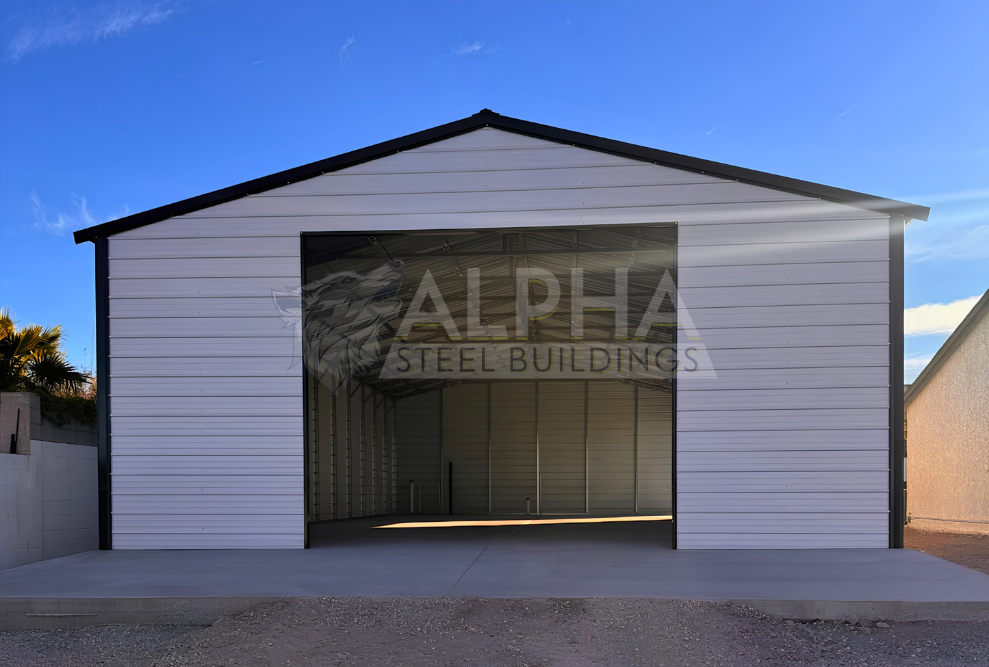 Front view of 30' x 60' x 12' a-frame steel building with a vertical roof, fully enclosed on both sides and ends for secure storage and weather protection.
