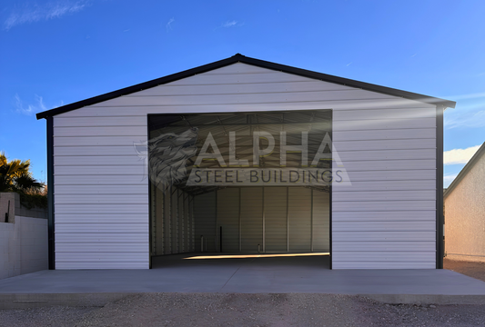 Front view of 30' x 60' x 12' a-frame steel building with a vertical roof, fully enclosed on both sides and ends for secure storage and weather protection.