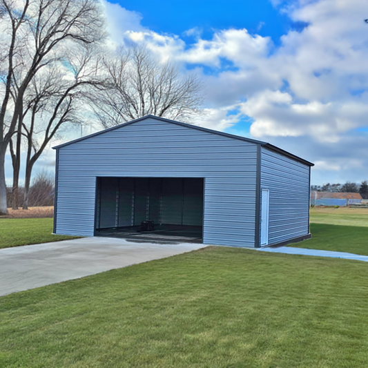 "30'x30' A-Frame Vertical Roof Garage - Fully enclosed structure with A-frame design and vertical roof for optimal weather protection."