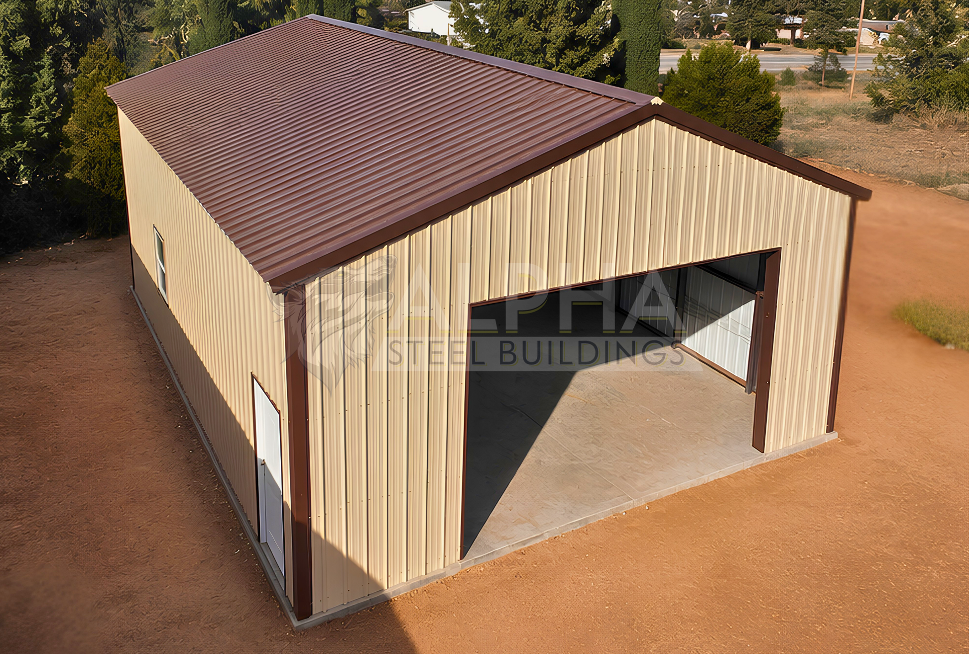 Elevated front view of 30x30x12 A-frame steel garage with vertical roof, 18x10 overhead door frame-out, window, and walk-in door