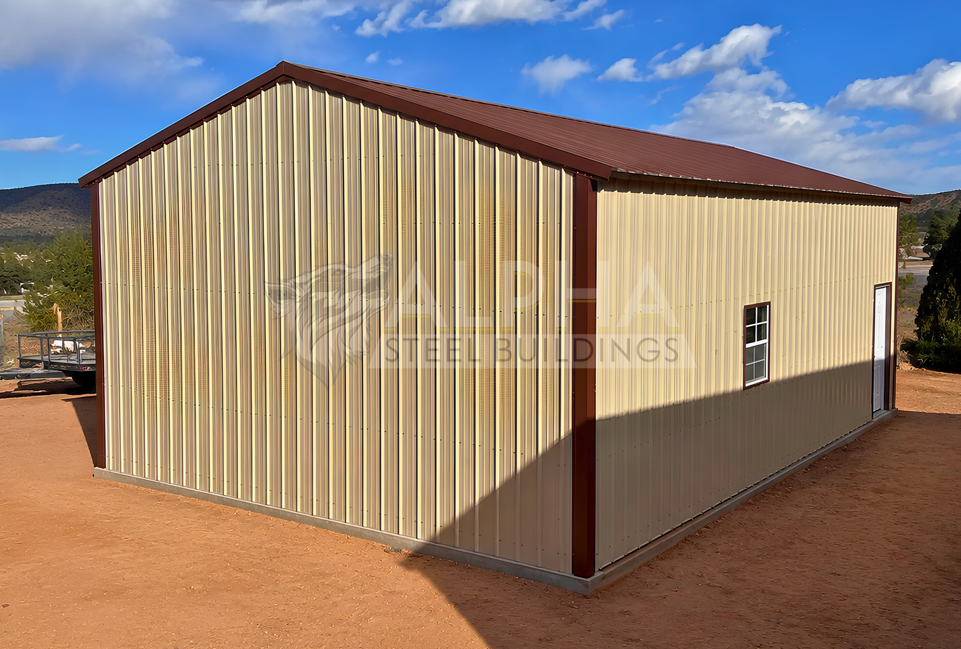 Rear side view of 30x30x12 A-frame steel garage with vertical roof, fully enclosed rear wall, window, and walk-in door