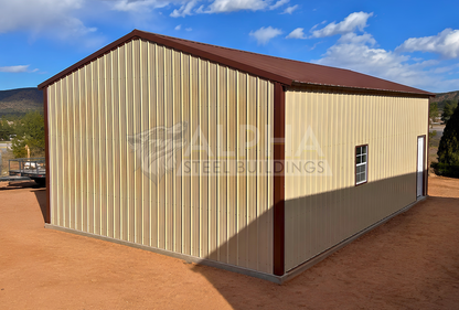 Rear side view of 30x30x12 A-frame steel garage with vertical roof, fully enclosed rear wall, window, and walk-in door