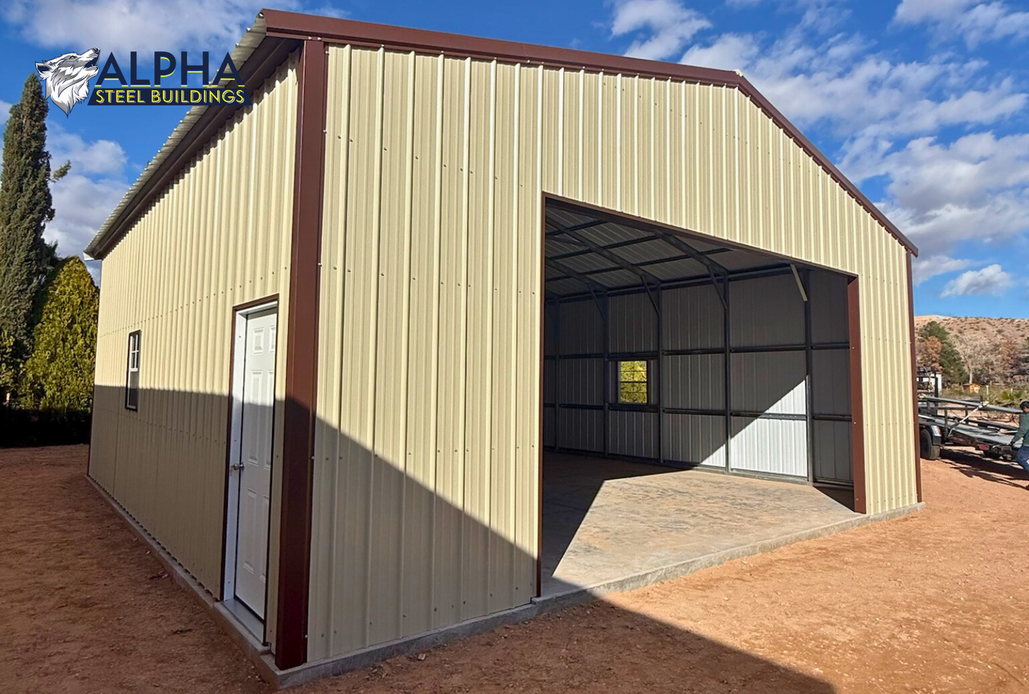 30x30x12 A-frame steel garage with vertical roof shown from the front left angle featuring enclosed sides, windows, and an 18x10 overhead door frame opening