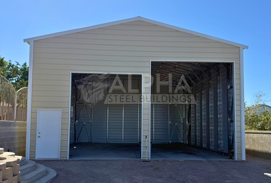 30x35x16 A-frame steel garage with vertical roof, 12x14 and 10x12 overhead door frame outs, walk-in door, horizontal panels and diagonal bracing, front view