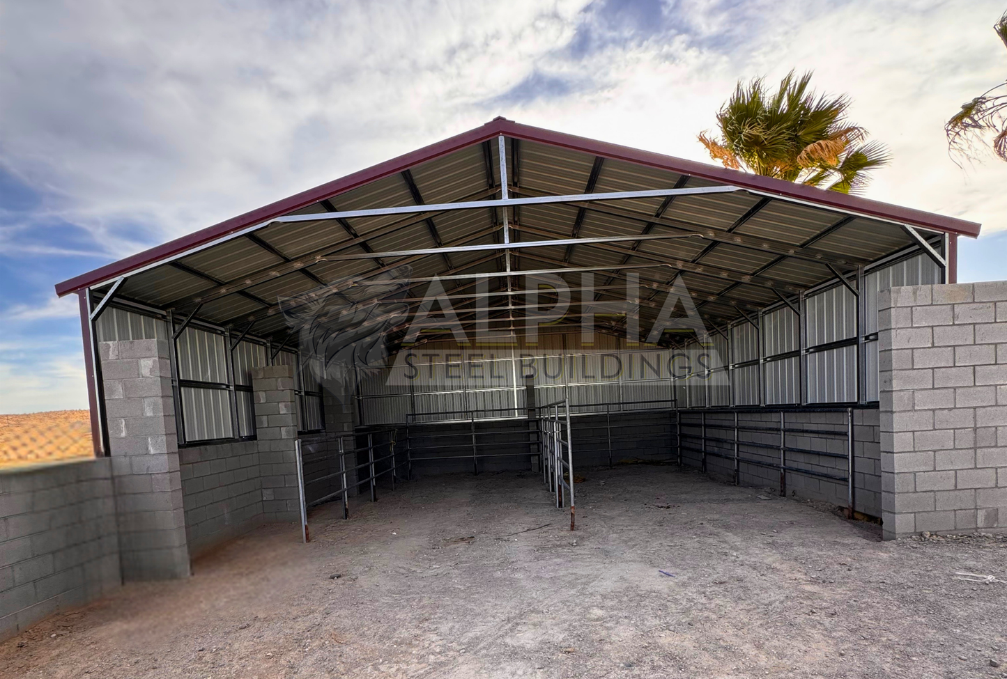 Front interior view of a 30x35x6 A-frame steel agricultural building showing the vertical roof, open front end, steel framing, and partially enclosed vertical side panels.