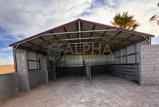 Front interior view of a 30x35x6 A-frame steel agricultural building showing the vertical roof, open front end, steel framing, and partially enclosed vertical side panels.