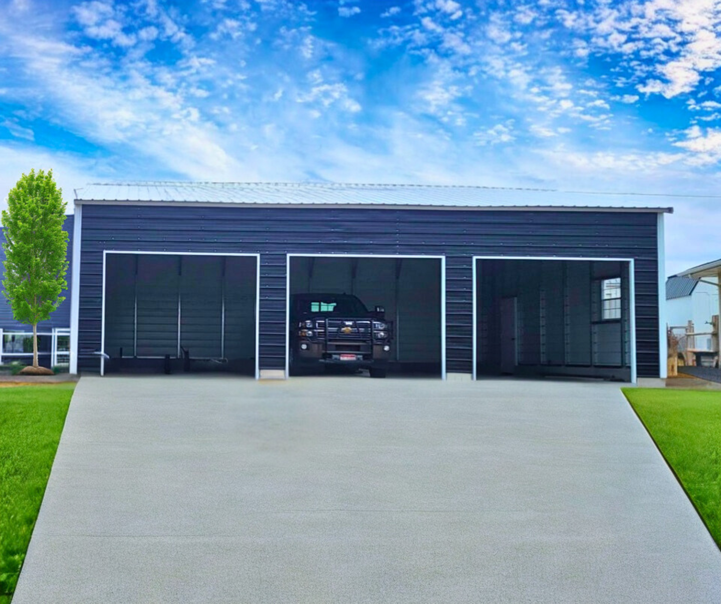 "30'x38' A-Frame Vertical Roof Garage - Fully enclosed structure with A-frame design, vertical roof for excellent snow load handling, and multiple door and window options."