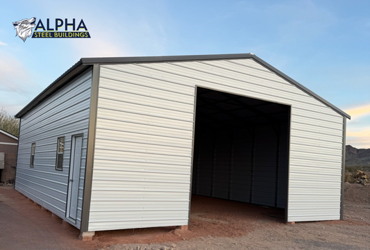 30x40 A-frame steel garage with vertical roof shown from the front left angle, fully enclosed with windows and 12-foot height.