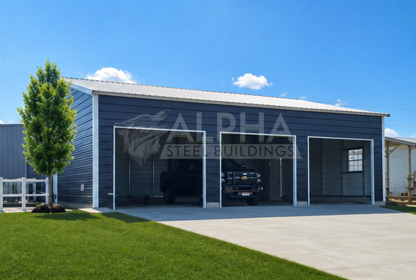30x40x10 vertical roof steel garage shown from the front left angle with three overhead door openings on the front.