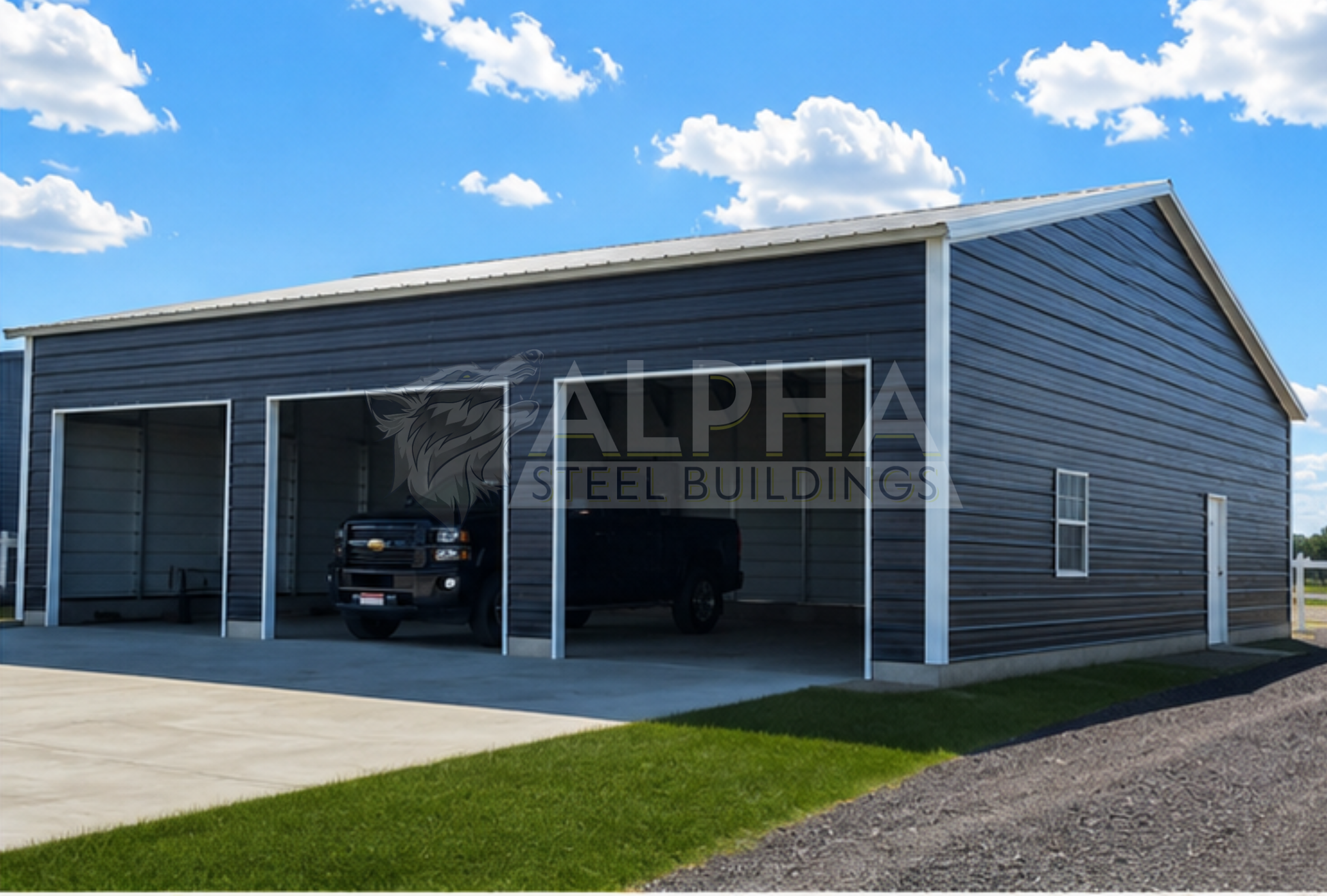 30x40x10 vertical roof steel garage shown from the front right angle with three overhead door openings on the front end and fully enclosed.