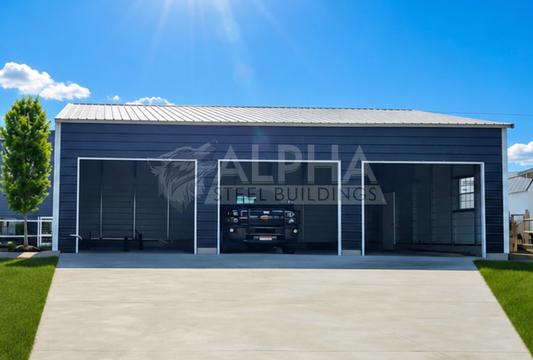 30x40x10 vertical roof steel garage with three overhead door openings on the front, shown from the front.