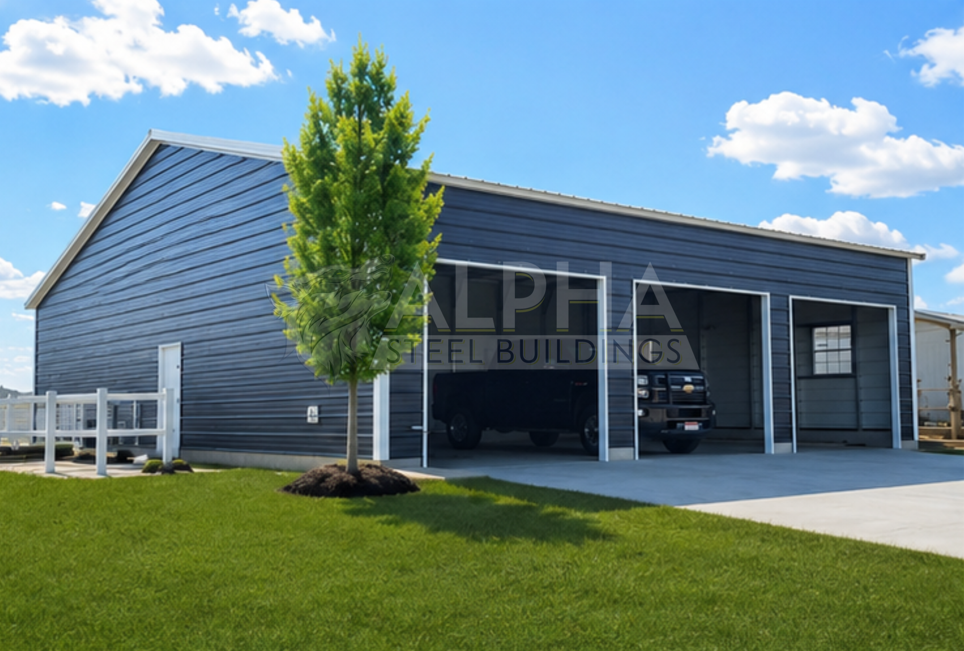 30x40x10 vertical roof steel garage shown from the left angle with three overhead door openings on the front.